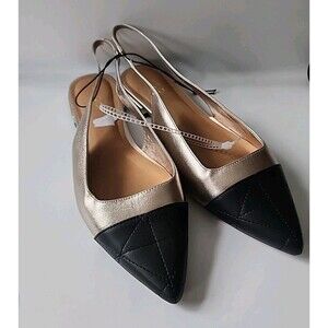 Aldo Leather Cap-Toe Pointed Slingback Flats Size 8.5 Black Gold Buckle NEW